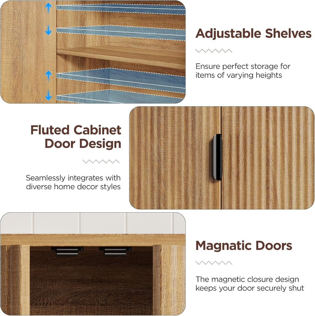 FiveWillowise Fluted Bathroom Wall Storage Cabinet with Open Shelf, Floating Wall Mounted Medicine Cabinet with Adjustable Shelves, Over The Toilet for Bathroom, Laundry Room, Kitchen, Natural Oak
