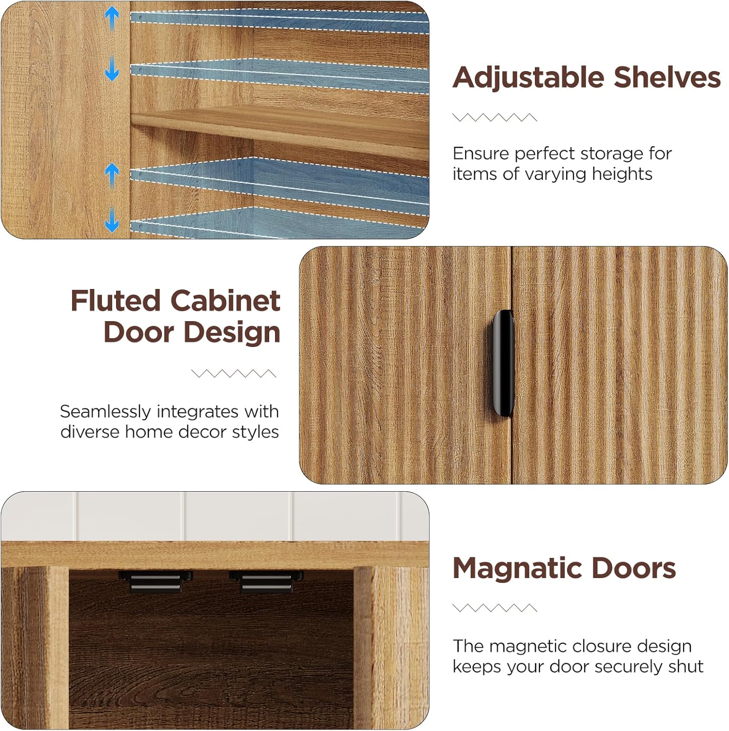 FiveWillowise Fluted Bathroom Wall Storage Cabinet with Open Shelf, Floating Wall Mounted Medicine Cabinet with Adjustable Shelves, Over The Toilet for Bathroom, Laundry Room, Kitchen, Natural Oak