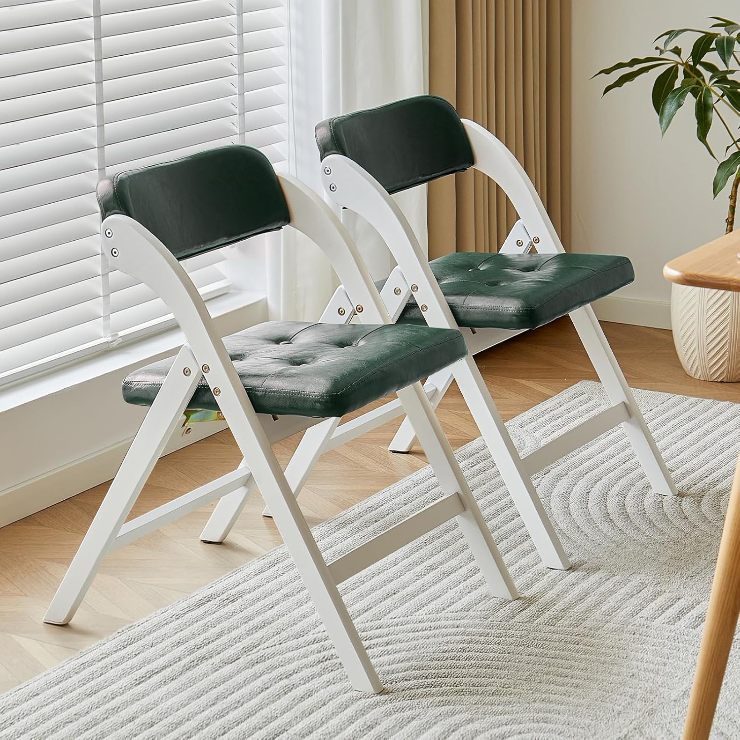 Wooden Folding Chairs Set of 2, Modern Folding Chairs with Padded Seats, Folding Dining Chairs, Padded Folding Chair for Party Chairs, Weddings, WhiteGreen
