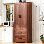 71" Farmhouse Kitchen Pantry Cabinet with 2 Large Drawers,Wood Freestanding Cupboard Cabinet with 8 Door Shelves and 3 Shelves for Kitchen,Dining Room,Living Room,Laundry (Brown)