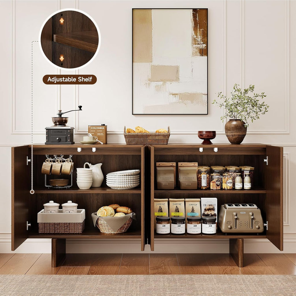 ONBRILL 63" Fluted Sideboard Buffet Cabinet with Storage, Large Sideboard Cabinet with Adjustable Shelves, Modern Credenza with 4 Doors, Kitchen Cabinets for Living Room, Entryway, Black