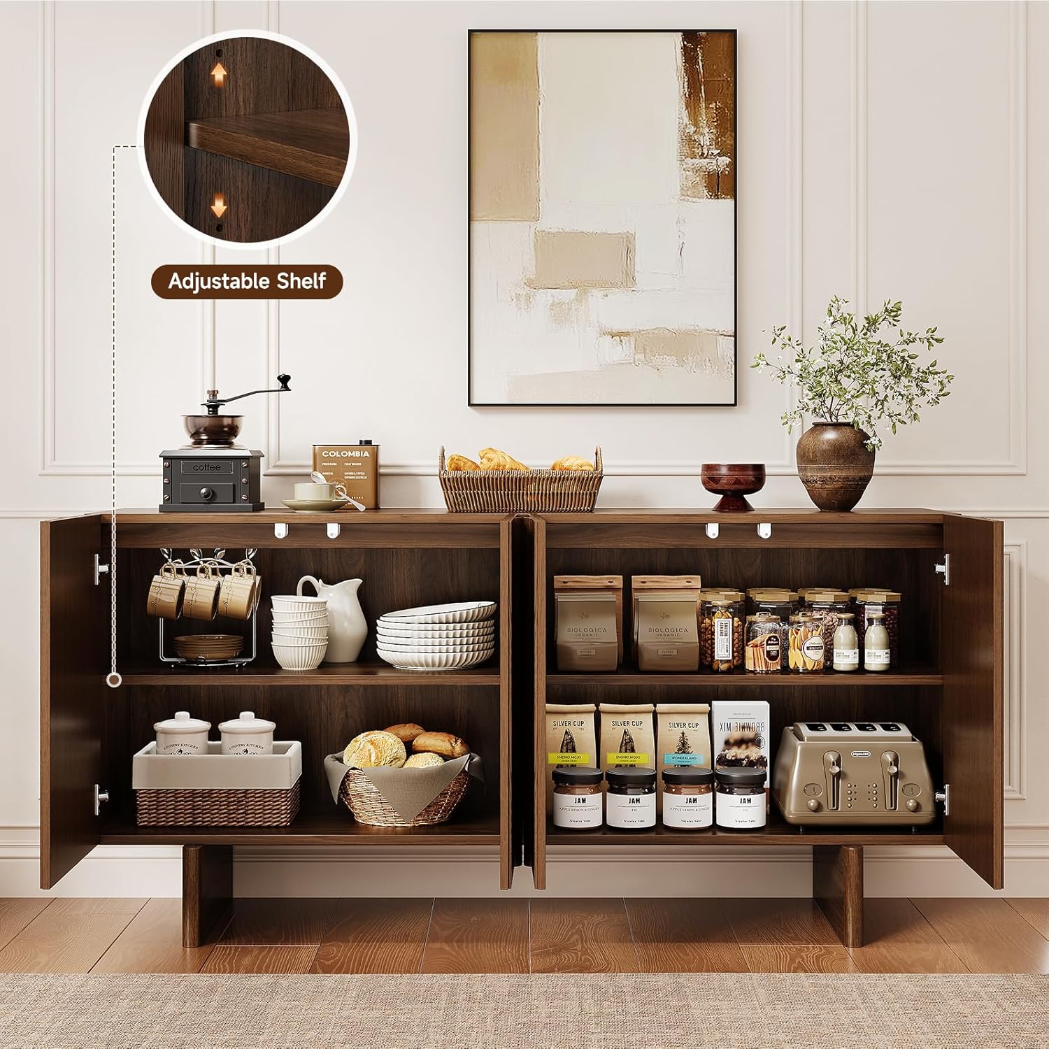 ONBRILL 63" Fluted Sideboard Buffet Cabinet with Storage, Large Sideboard Cabinet with Adjustable Shelves, Modern Credenza with 4 Doors, Kitchen Cabinets for Living Room, Entryway, Black