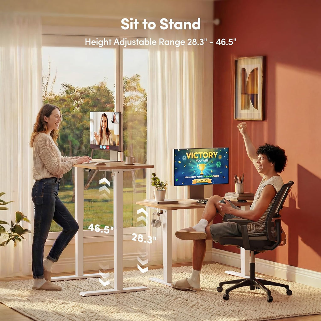 Electric Height Adjustable Standing Desk 48 x 24 Inch, Sit Stand Up Computer Office Desk with Splice Board, White Frame and Maple Top
