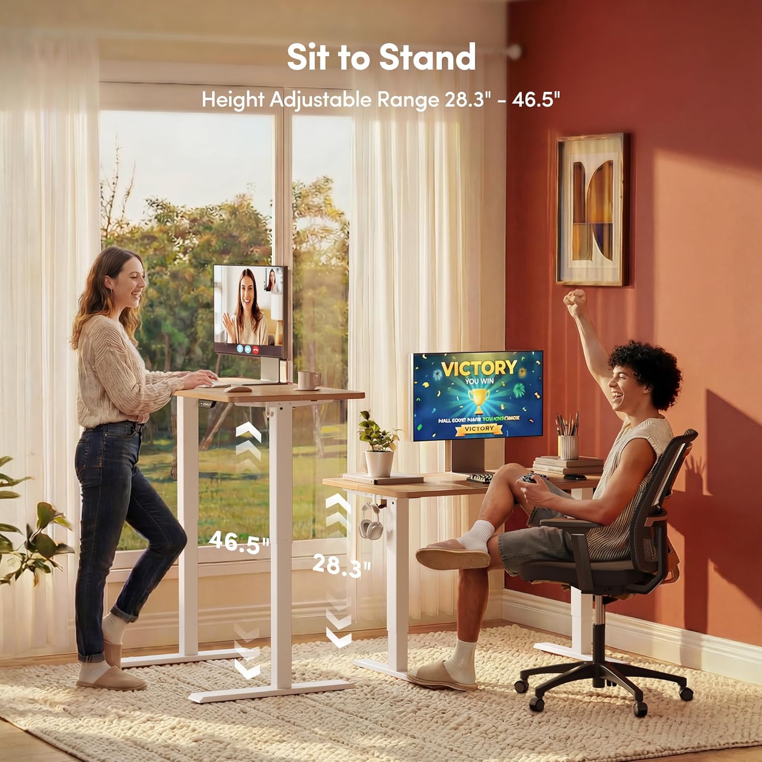 Electric Height Adjustable Standing Desk 48 x 24 Inch, Sit Stand Up Computer Office Desk with Splice Board, White Frame and Maple Top