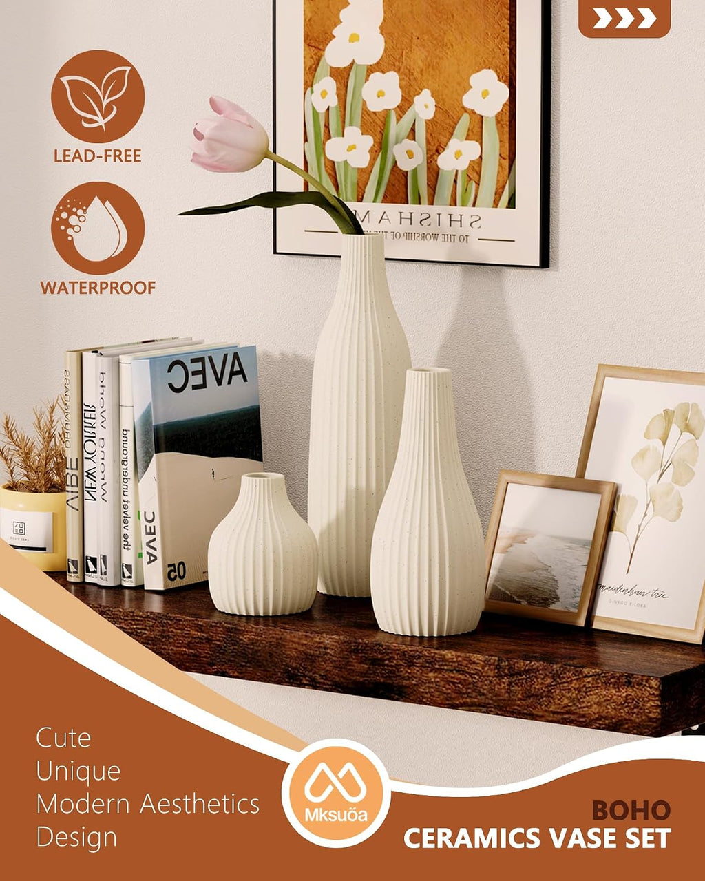 Decorative Flower Vase Set of 3 - Modern Boho Style Beige Vases, Ribbed Textures Ceramic Vase for Home Decor Shelf Bookshelf Mantle TV Stand Entryway Console, Dining Table Centerpiece Decor