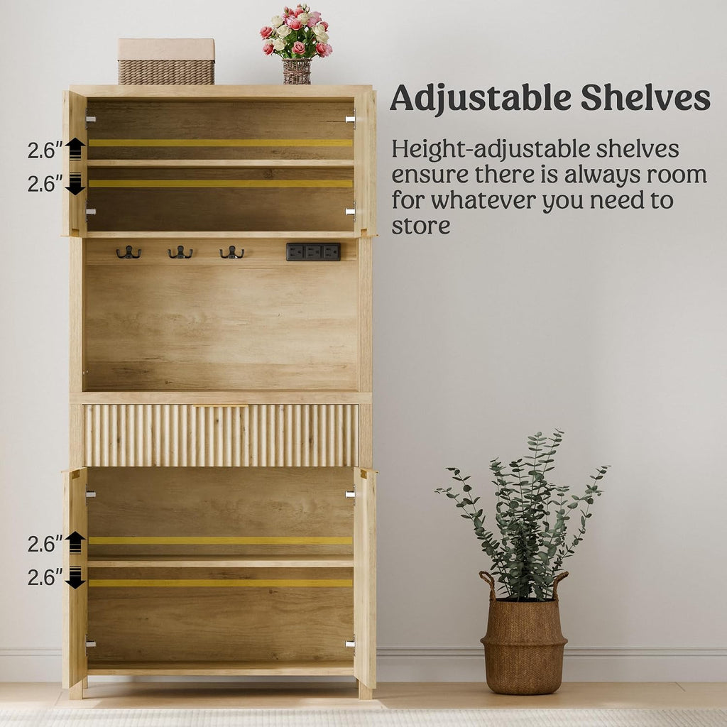Lulive 71" Fluted Pantry Cabinet with Charging Station & Adjustable Shelves, Spacious Kitchen Storage Cabinet with Open Countertop & Drawer for Dining Room, Living Room, Natrual