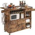 IRONCK Rolling Kitchen Island Cart with Drop-Leaf and Wine Rack, Microwave Rack Serving Cart on Wheels with Drawer & Shelves & Spice Rack & Cup Hanging, Vintage Brown