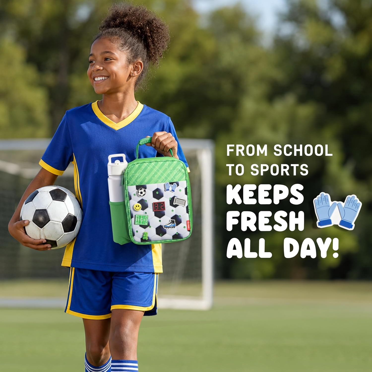 Fit & Fresh Customizable Charm Lunch Bag for Boys & Girls, Soccer Kids Lunch Box with 6 Sports Charms, Premium Insulated Reusable Lunch Tote for School