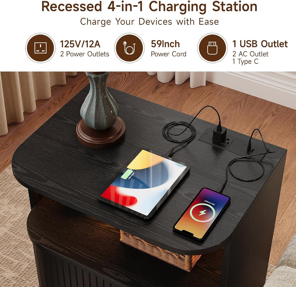ONBRILL Fluted Nightstand with Drawers, Modern End Table with Charging Station, Mid Century Bedside Table with Open Shelf LED Light for Bedroom Small Space Living Room Sofa Couch Black (2 Pack)
