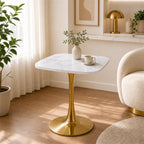24 Inch Square White Marble-Look Tulip Dining Table for 2–4 with Gold Metal Base – Space Saving Small Apartment Kitchen Table, Pedestal Bistro Table for Breakfast Nook, Cafe, Studio Living (No Chairs)