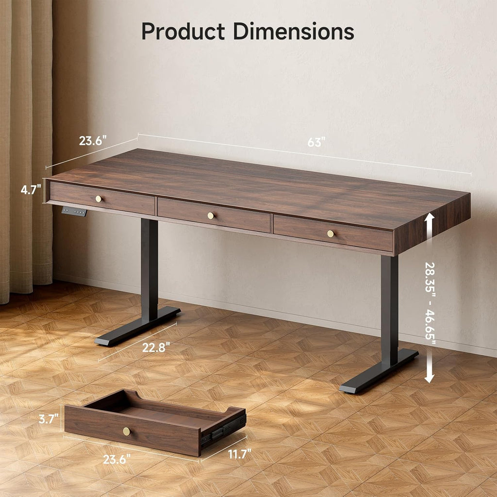 Electric Standing Desk with 3 Drawers, 63 x 24 Inch Height Adjustable Stand up Desk with Storage and Widened Legs, Retro Home Office Desks with Memory Controller for Computer Workstation, Walnut
