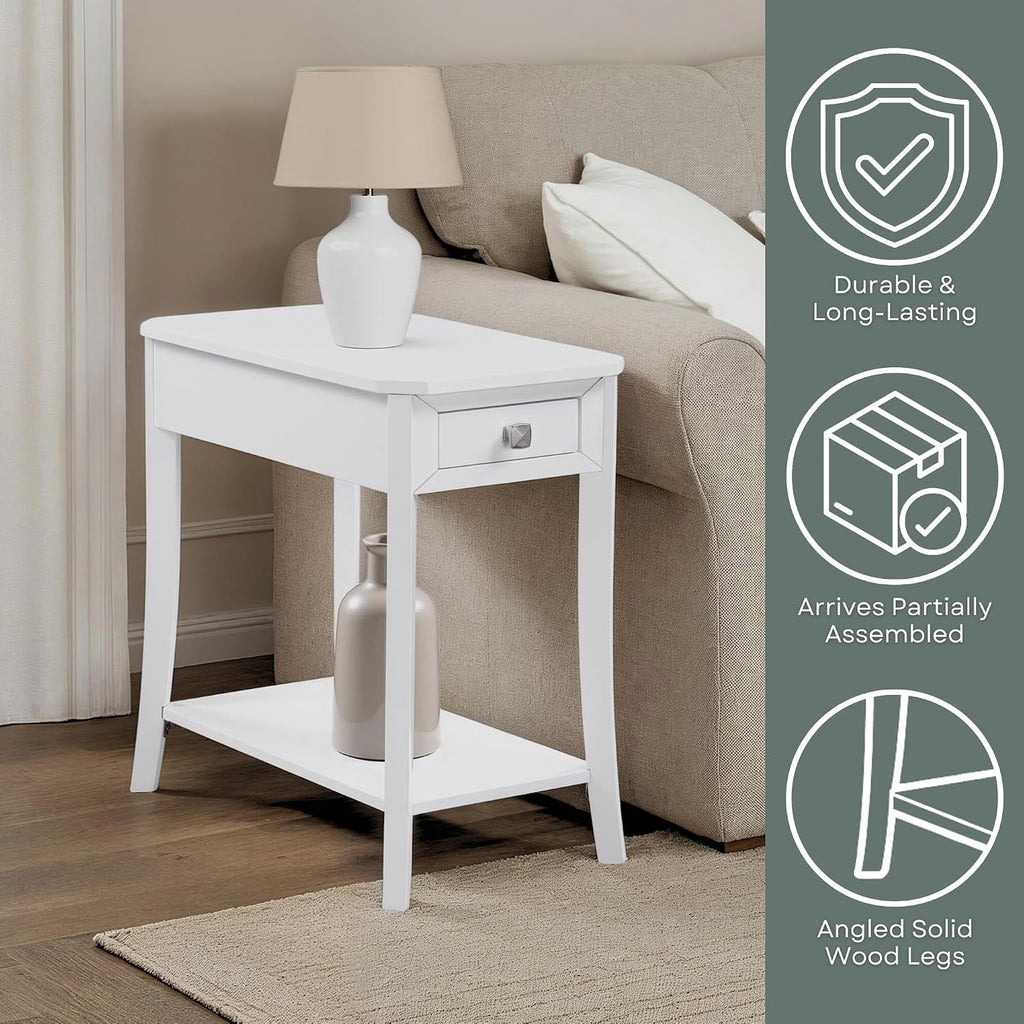 Convenience Concepts Designs2Go Ensenada Chairside End Table 23.75" - Transitional Narrow Side Accent with Storage Drawer & Shelf for Modern Living or Family Room, Bedroom Nightstand, White