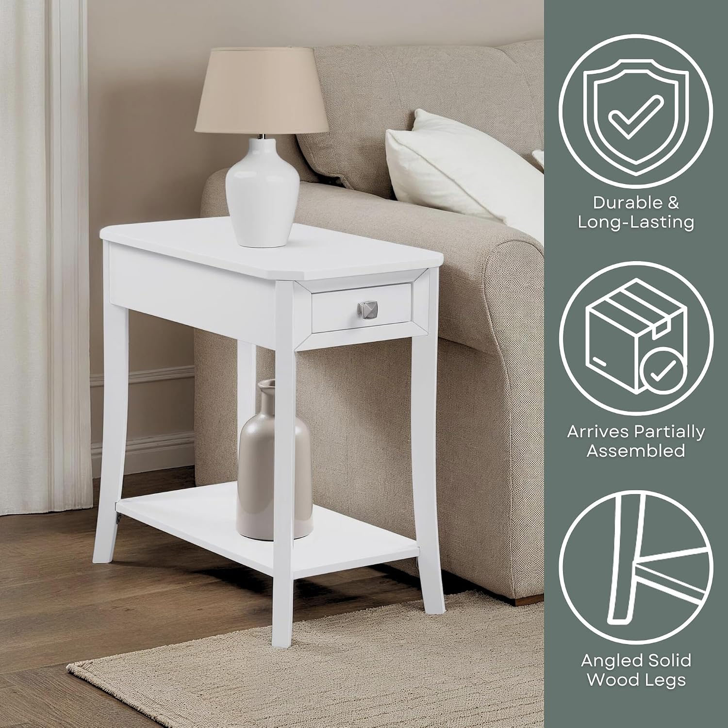 Convenience Concepts Designs2Go Ensenada Chairside End Table 23.75" - Transitional Narrow Side Accent with Storage Drawer & Shelf for Modern Living or Family Room, Bedroom Nightstand, White