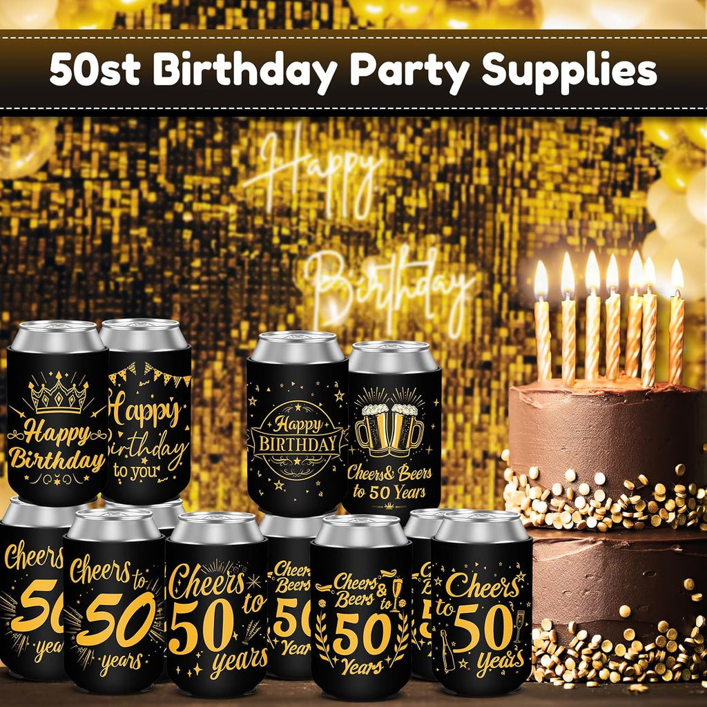50th Birthday Can Cooler Sleeves for Soda, Beer, Beverages, 12 Pack Neoprene Can Sleeves, 50th Birthday Party Decorations and Party Favors for Women, Men, Black & Gold, 4 Design