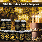 50th Birthday Can Cooler Sleeves for Soda, Beer, Beverages, 12 Pack Neoprene Can Sleeves, 50th Birthday Party Decorations and Party Favors for Women, Men, Black & Gold, 4 Design