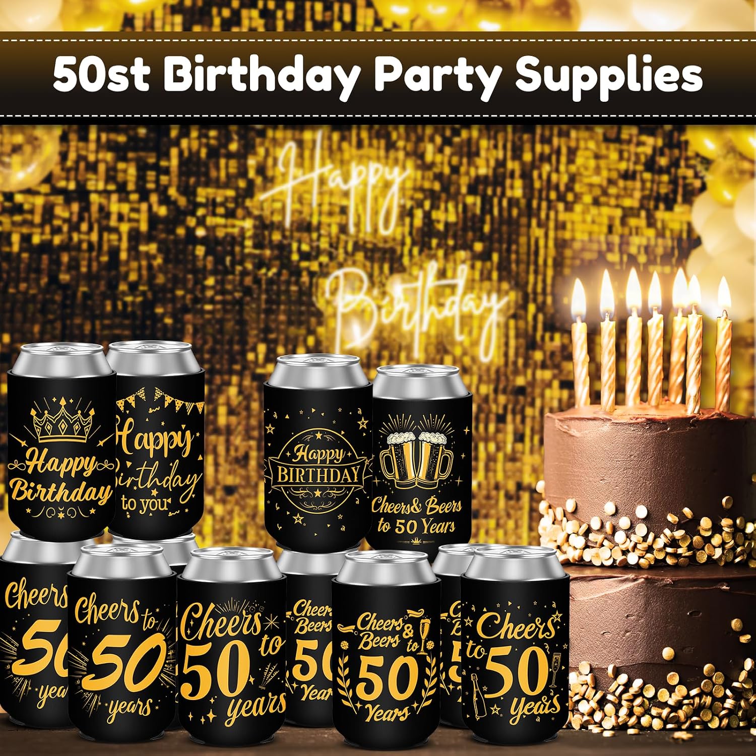 50th Birthday Can Cooler Sleeves for Soda, Beer, Beverages, 12 Pack Neoprene Can Sleeves, 50th Birthday Party Decorations and Party Favors for Women, Men, Black & Gold, 4 Design