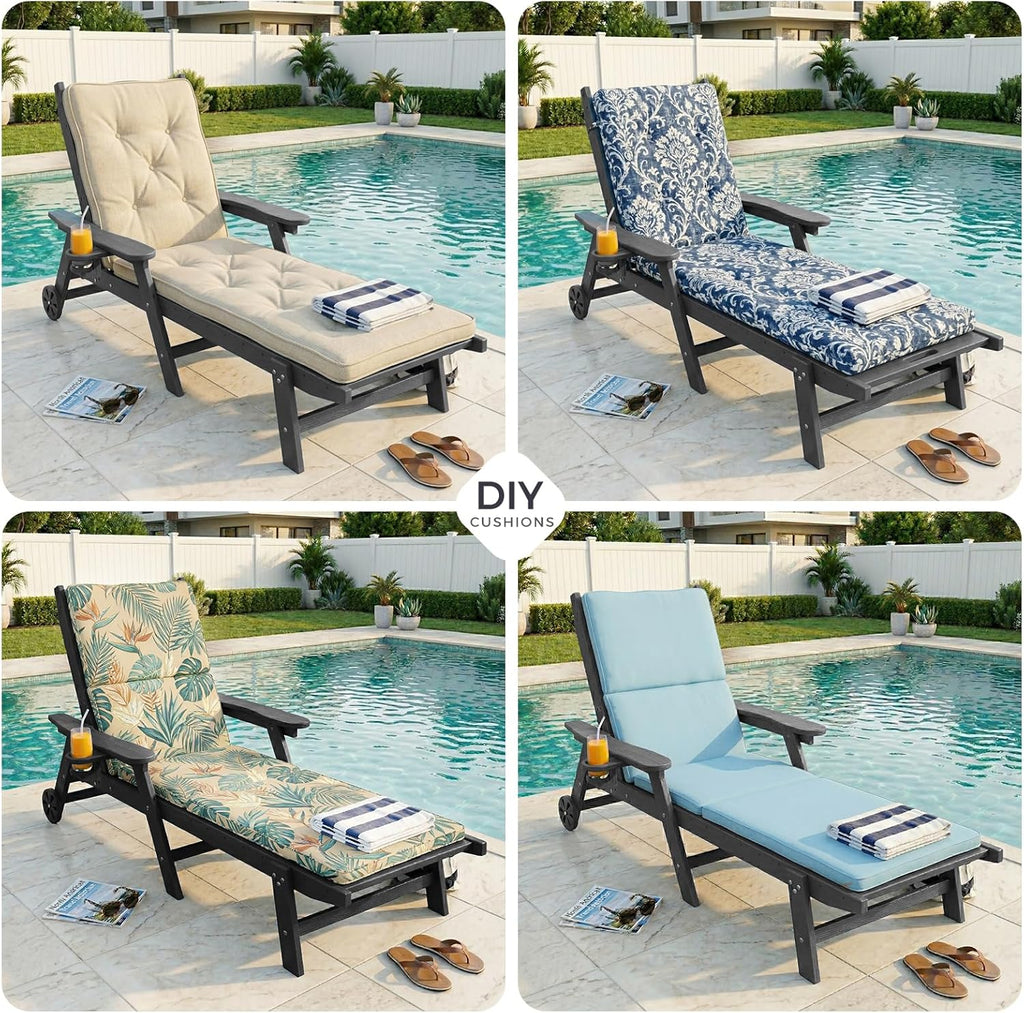 WACASA HDPE Pool Lounge Chairs Set of 2 with Wheels & Cup Holder, 6-Position Adjustable Outdoor Lounge Chair, Easy 20-Min Assembly, 450LBS Bearing, Patio Lounger for Poolside, Deck, Backyard (Grey)
