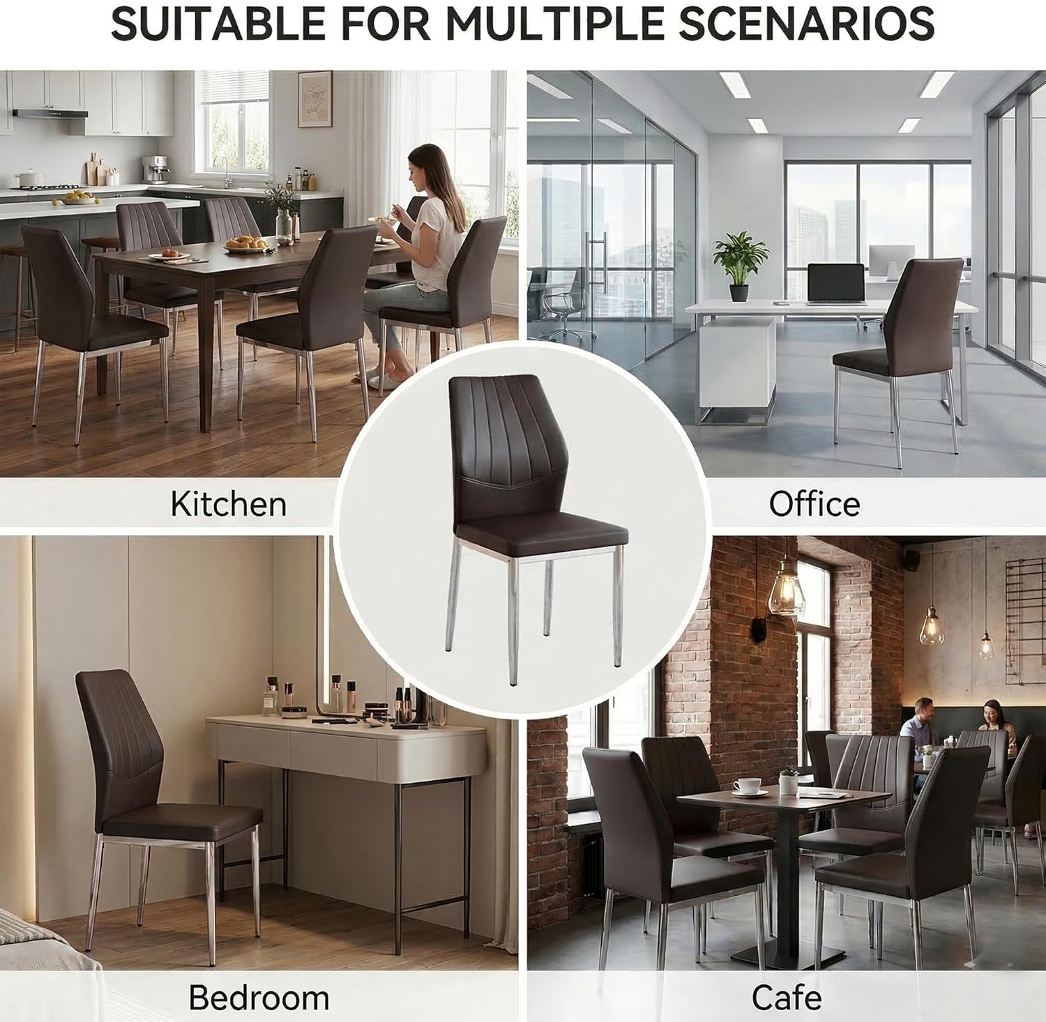 Black Dining Chairs Set of 6, Modern PU Leather Kitchen Chairs with Soft Cushion and Silver Chrome Metal Legs, Waterproof and Easy to Clean, Armless Dining Chairs for Dining Room,Kitchen