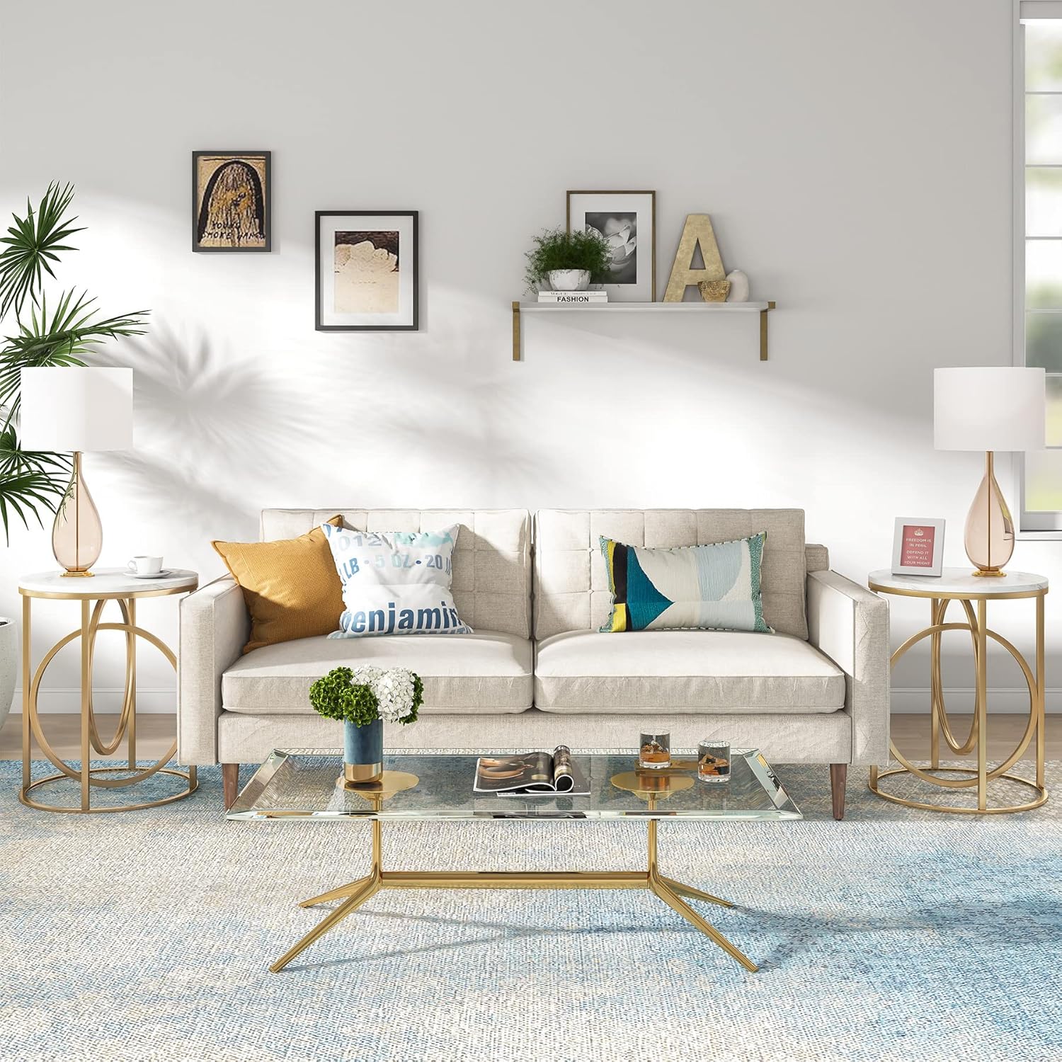 Tribesigns Round End Table, 20" Modern Sofa Side Table with Gold Base, Faux Marble Accent Table Bedside Table Nightstand for Living Room, Bedroom, White and Gold