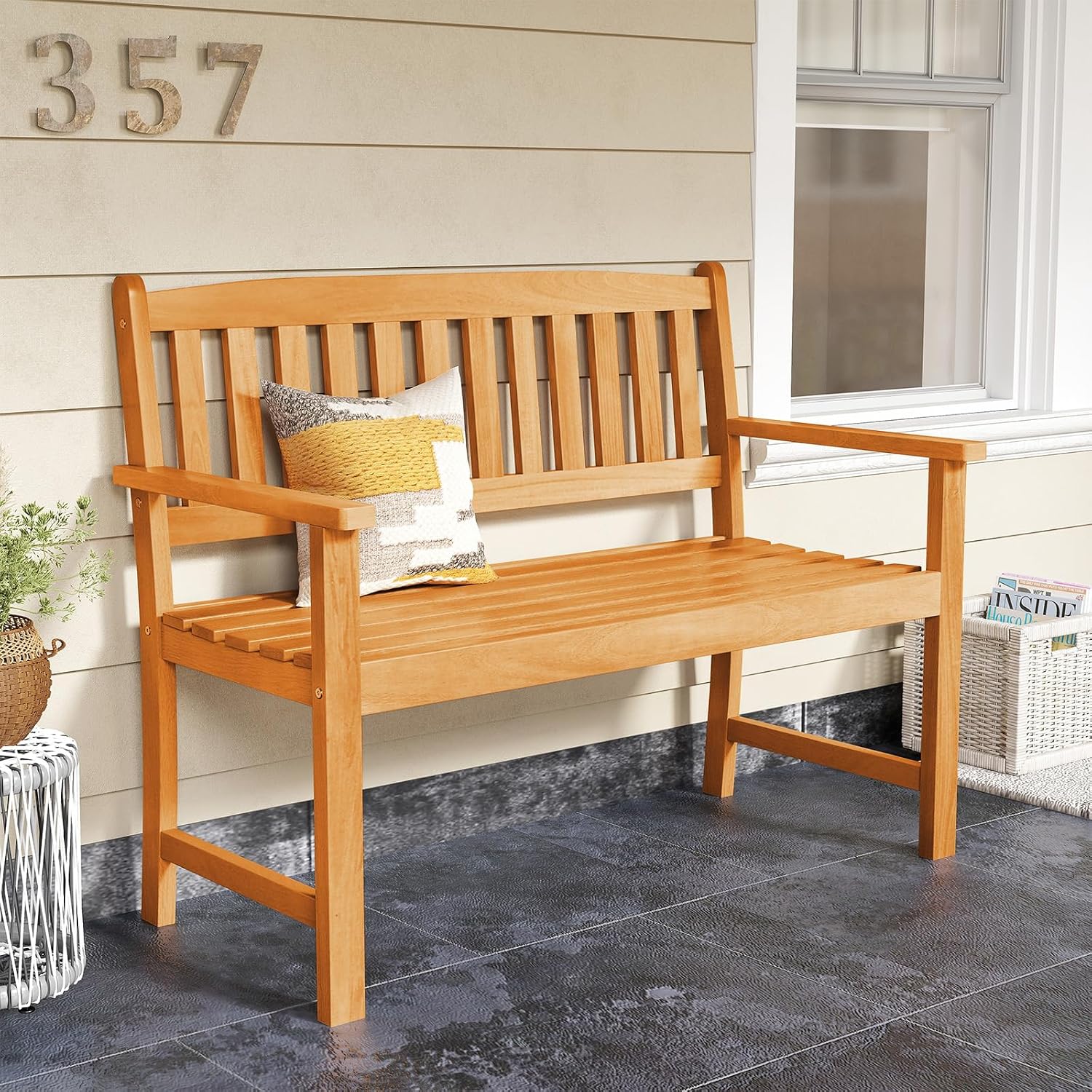 COSTWAY Wooden Bench Outdoor, Sturdy Outdoor Acacia Wood Bench for Garden, Park & Porch, 43”L x 22”W x 34”H, Teak