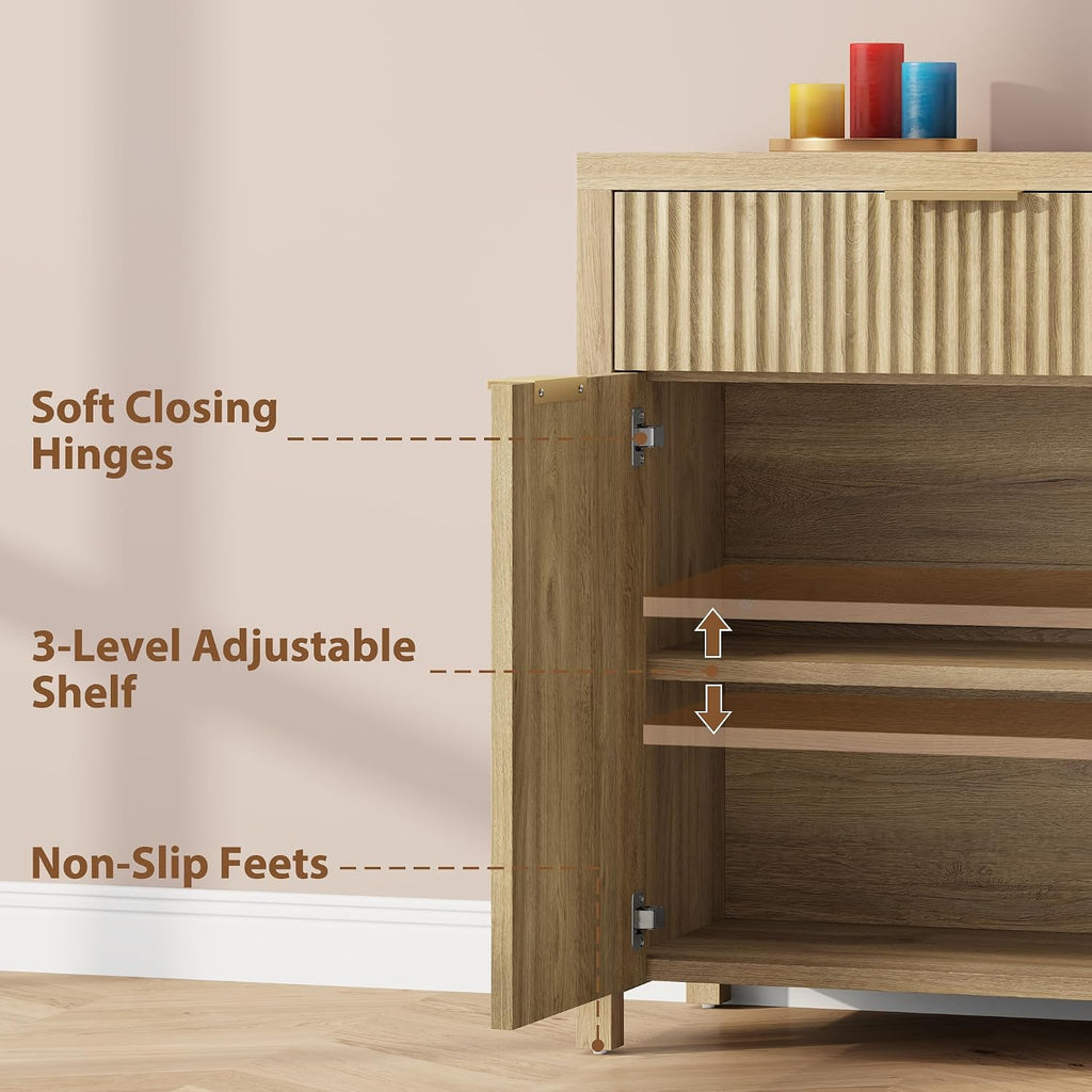 YaFiti Sideboard Buffet Cabinet Fluted Storage Cabinet, 55.1" Large Credenza with Storage & Adjustable Shelves, Modern Accent Cabinet Wood for Dining Room, Living Room, Entryway, Natural Oak