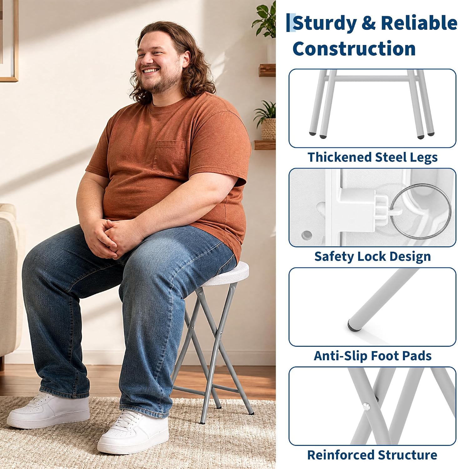 Garvee Folding Stool with Handle 24 Inch Tall Folding Bar Stool with Safety Lock, Metal and Plastic Foldable Stool 400lbs Capacity for Outdoor Indoor Kitchen Home Bar, Assembly Free, 1 Pack, White