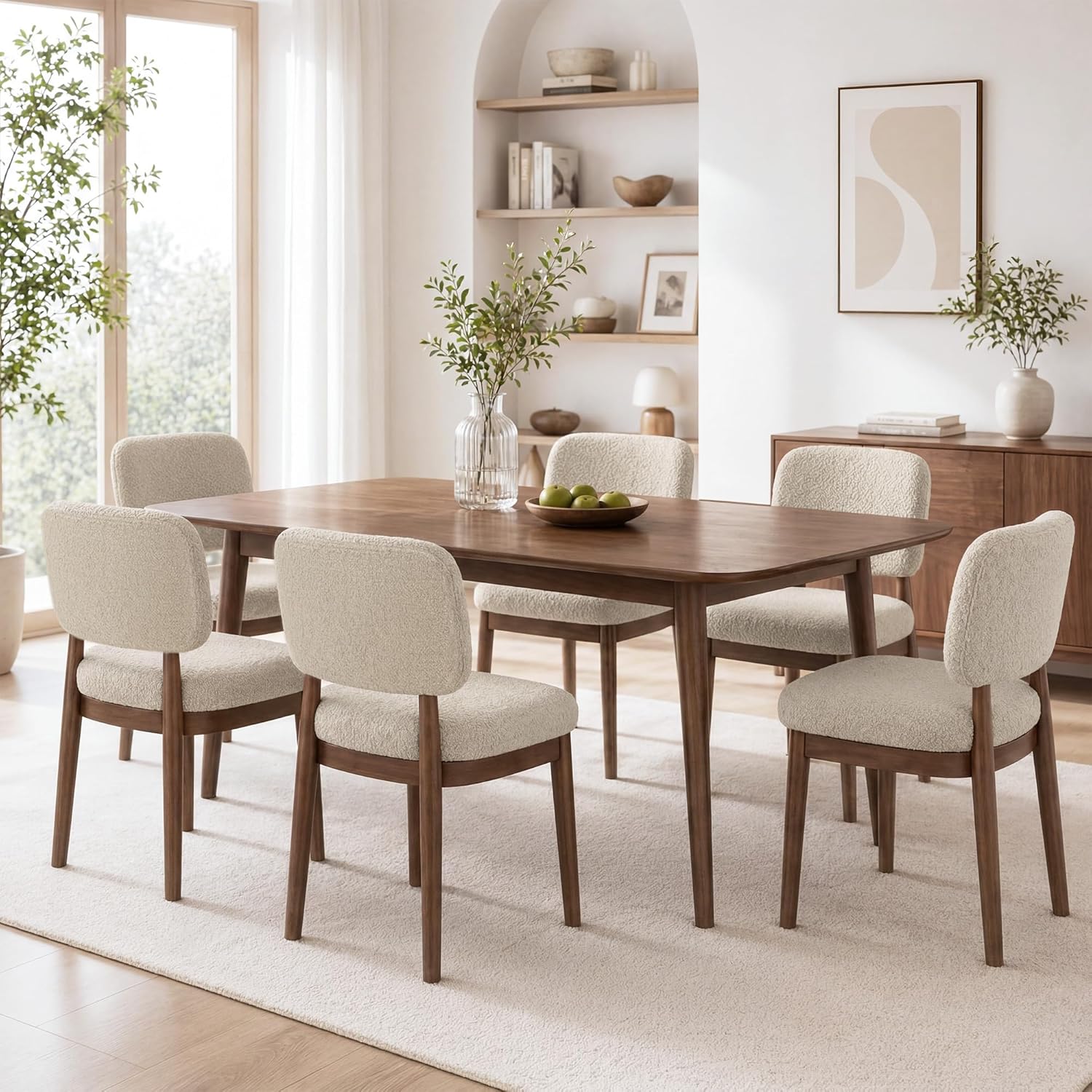 Wooden Dining Chairs Set of 6, Boucle Upholstered Kitchen Chairs with Solid Wood Legs, Mid Century Modern Dining Chairs, Farmhouse Side Chair with Hardwood Frame for Dining Room, Beige