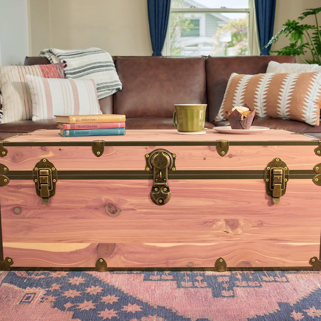Rhino Trunk & Case Knotty Cedar Chest with Antique Brass Hardware – 32"x18"x14" Large Storage Box, Coffee Table, End of Bed Trunk or Entryway Storage Bench Furniture – USA-Made, Heirloom Aesthetic
