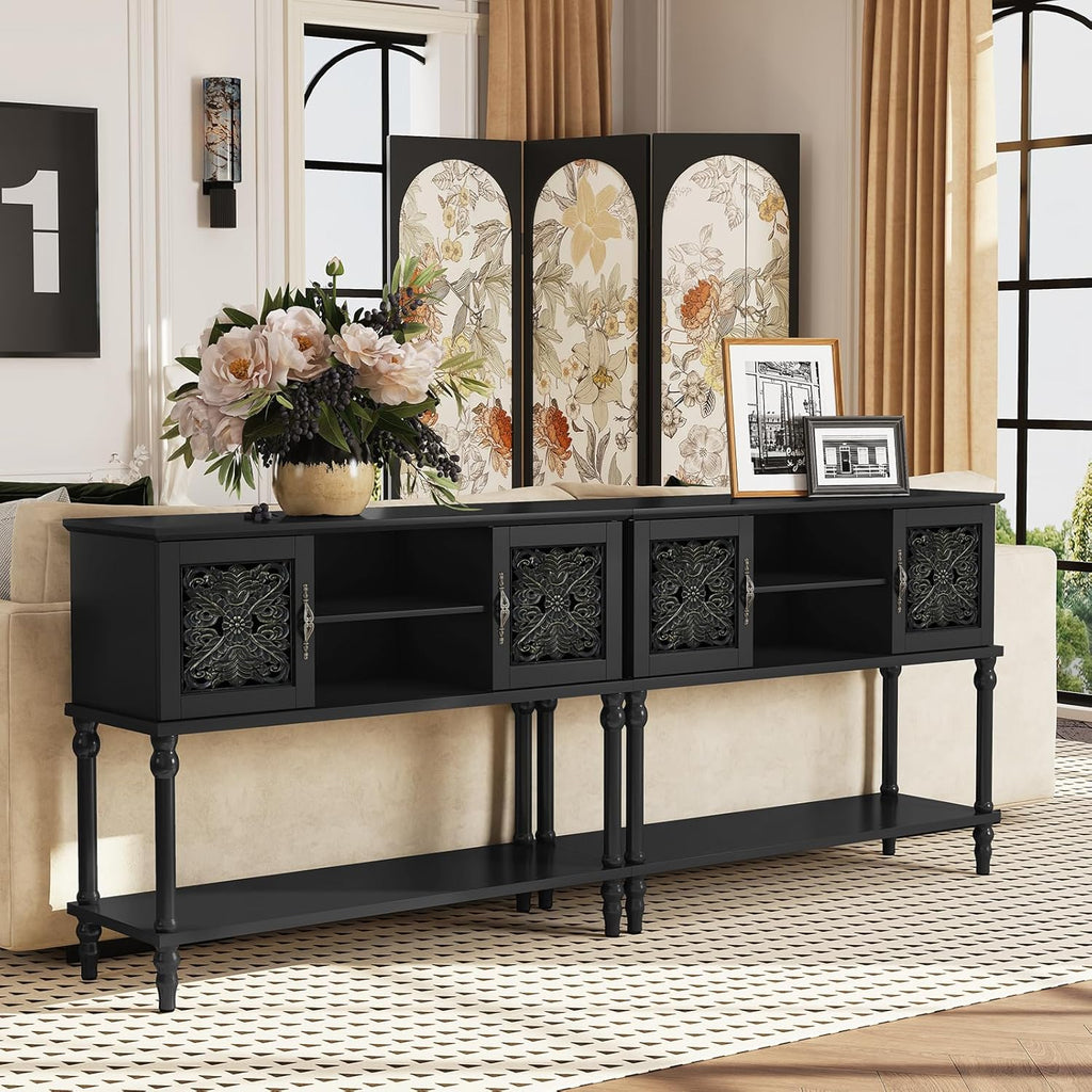 ARTPOWER Vintage Console Table with Hand-Carved Doors, 42" Narrow Entryway Table with Storage, Retro Sofa Table with Open Storage Shelf, Console Tables for Entryway, Hallway, Foyer, Living Room, Black
