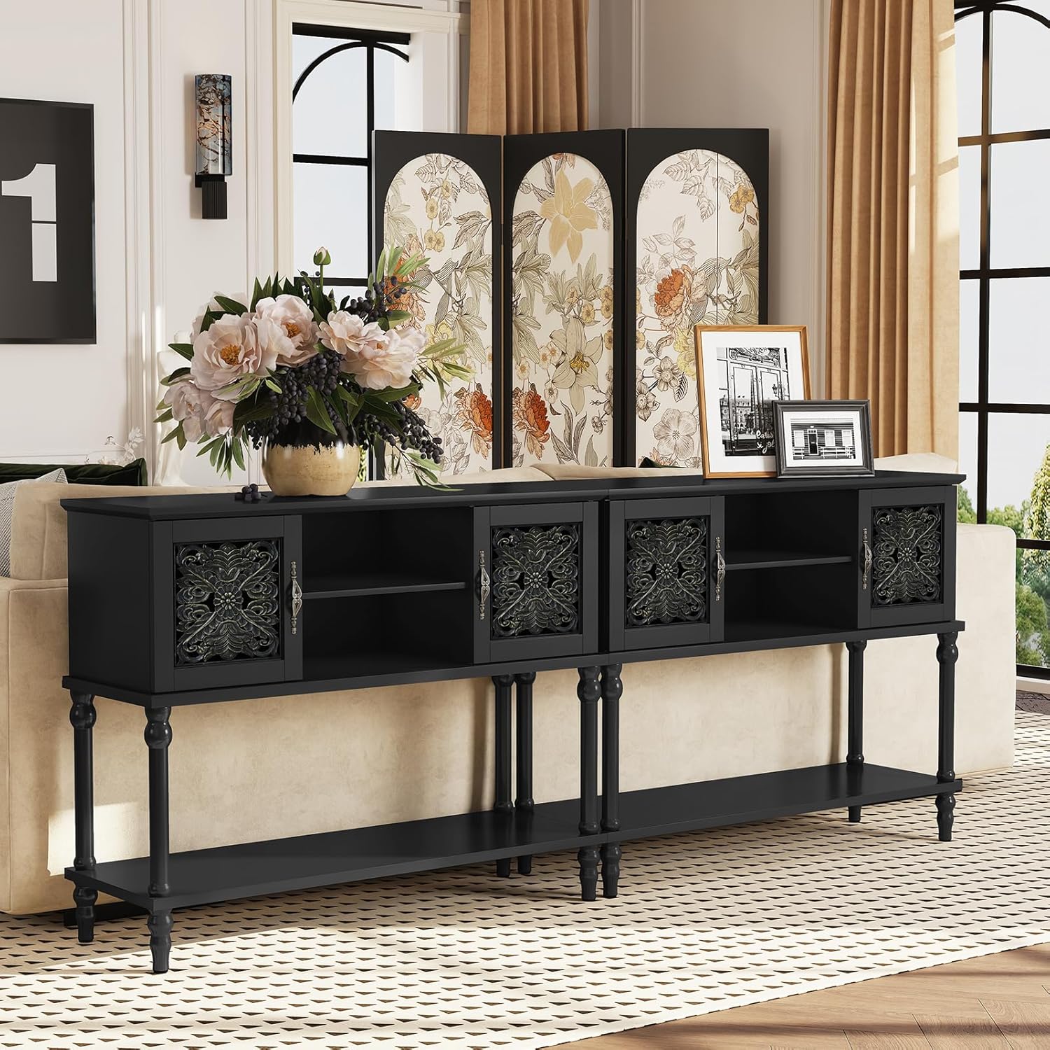 ARTPOWER Vintage Console Table with Hand-Carved Doors, 42" Narrow Entryway Table with Storage, Retro Sofa Table with Open Storage Shelf, Console Tables for Entryway, Hallway, Foyer, Living Room, Black