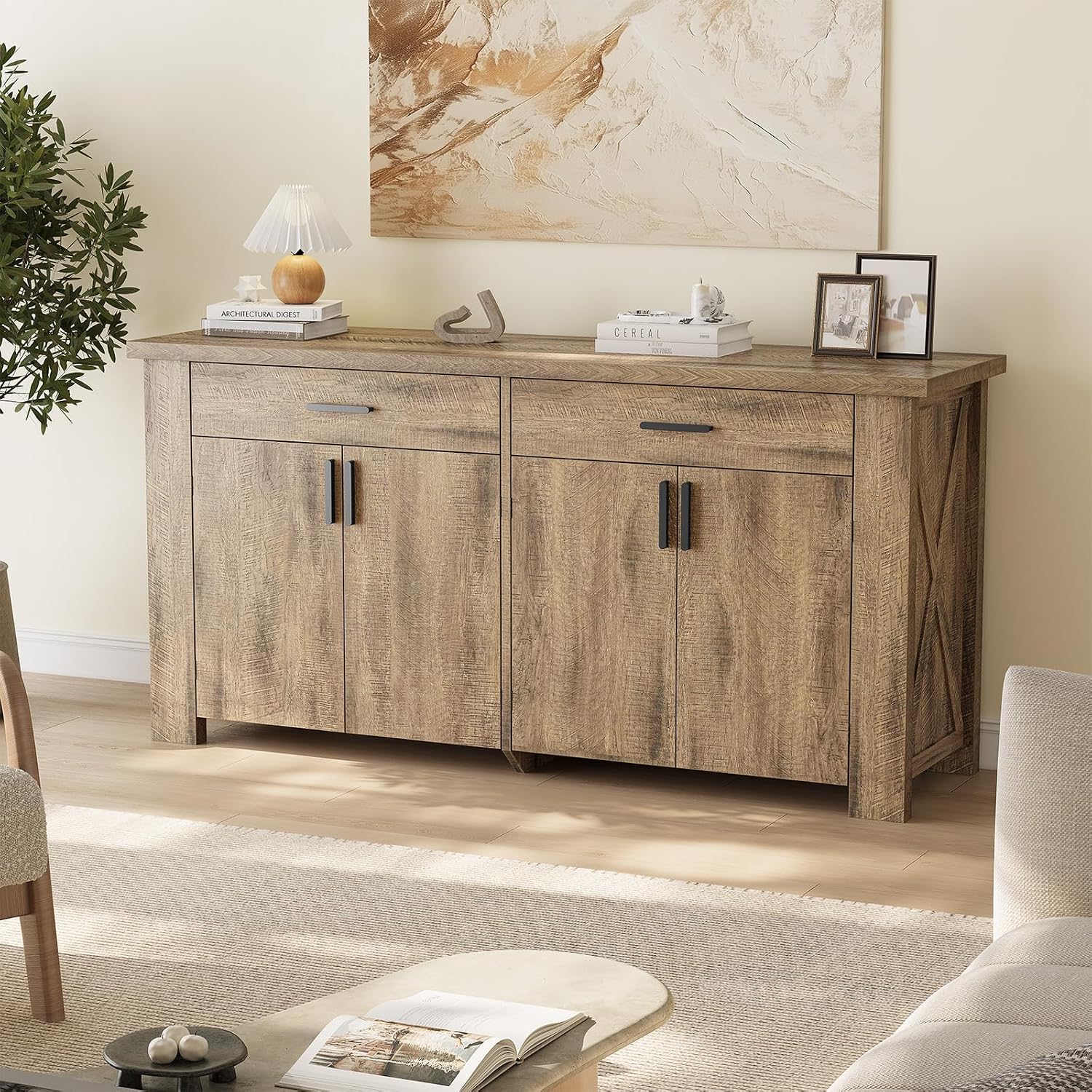 ONBRILL 61 Inch Sideboard Buffet Cabinet with Storage, Buffet Cabinet with 2 Drawers & 4 Doors, Farmhouse Sideboard with Adjustable Shelves, Coffee Bar Cabinets for Living Room, Kitchen, Rustic Brown