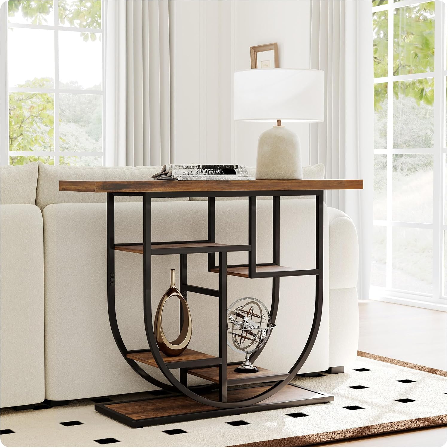 41.3-inch Entryway Console Table, Industrial-Style Sofa Table with Storage, Side Table with Shelves, Suitable for Entrances, Hallways, Foyers, and Entryways, Metal Frame, Vintage Brown