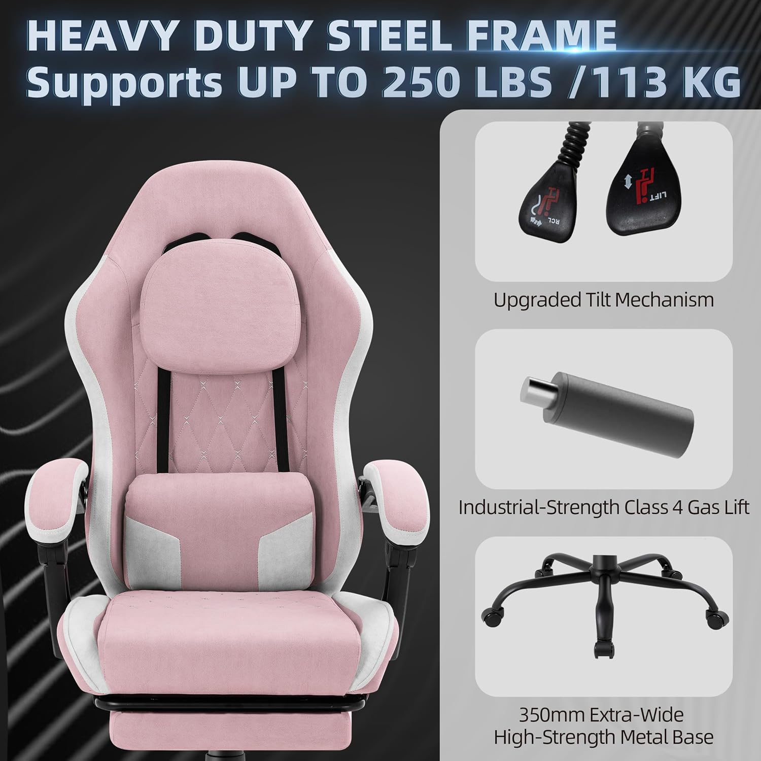 Gaming Chair for Adults, Fabric Gaming Chair with Footrest and Pocket Spring Cushion, Ergonomic Gamer Chair with Lumbar Support, Reclining Computer Gaming Chair with High Back, Pink