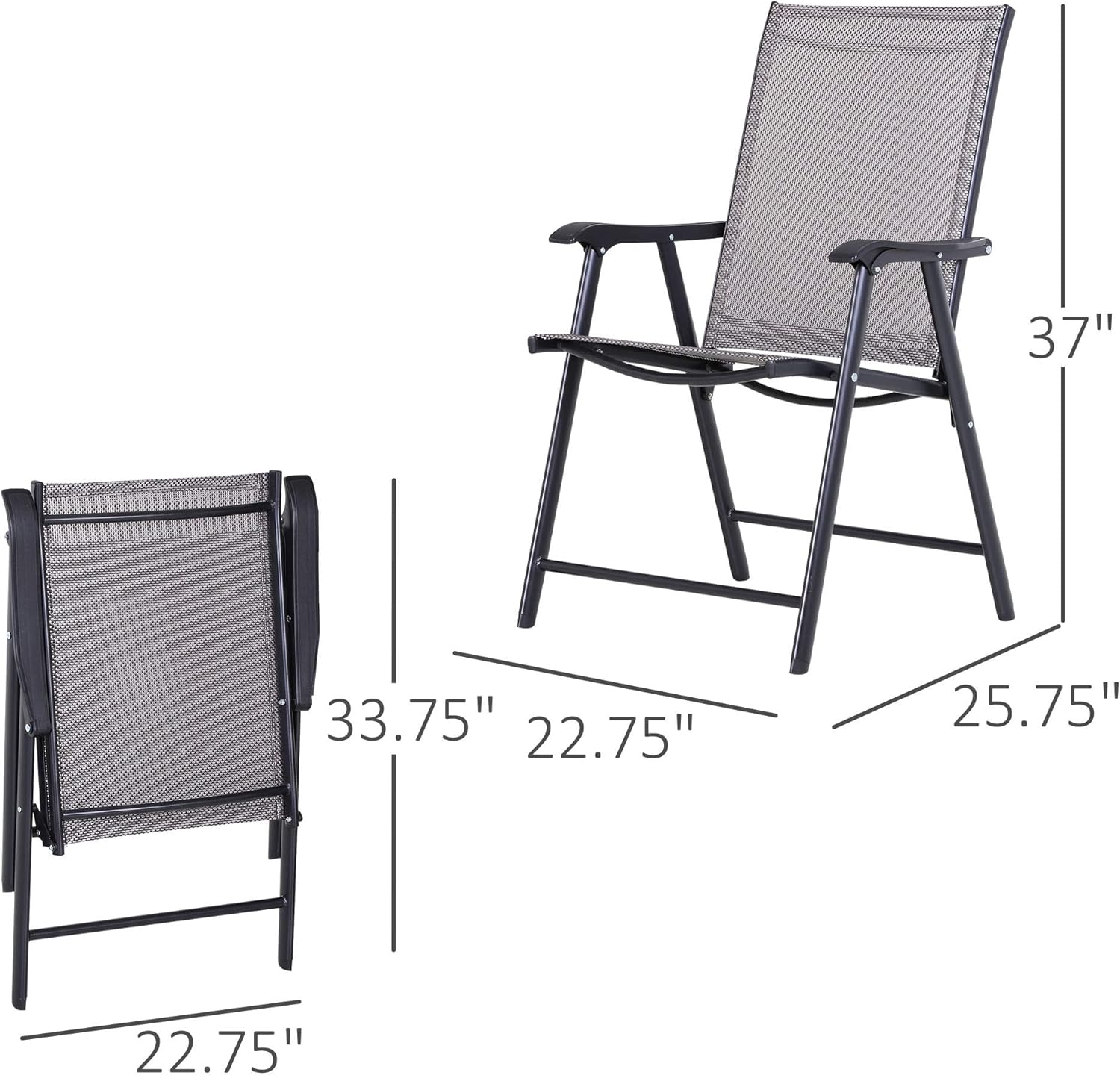 Set of 2 Patio Folding Chairs, Stackable Outdoor Sling Patio Dining Chairs with Armrests for Lawn, Camping, Dining, Beach, Metal Frame, No Assembly, Gray