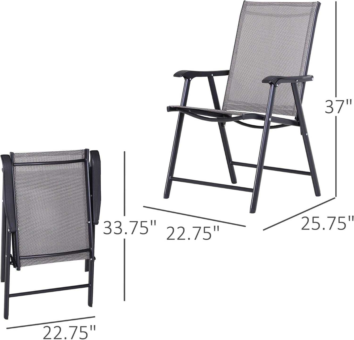 Set of 2 Patio Folding Chairs, Stackable Outdoor Sling Patio Dining Chairs with Armrests for Lawn, Camping, Dining, Beach, Metal Frame, No Assembly, Gray