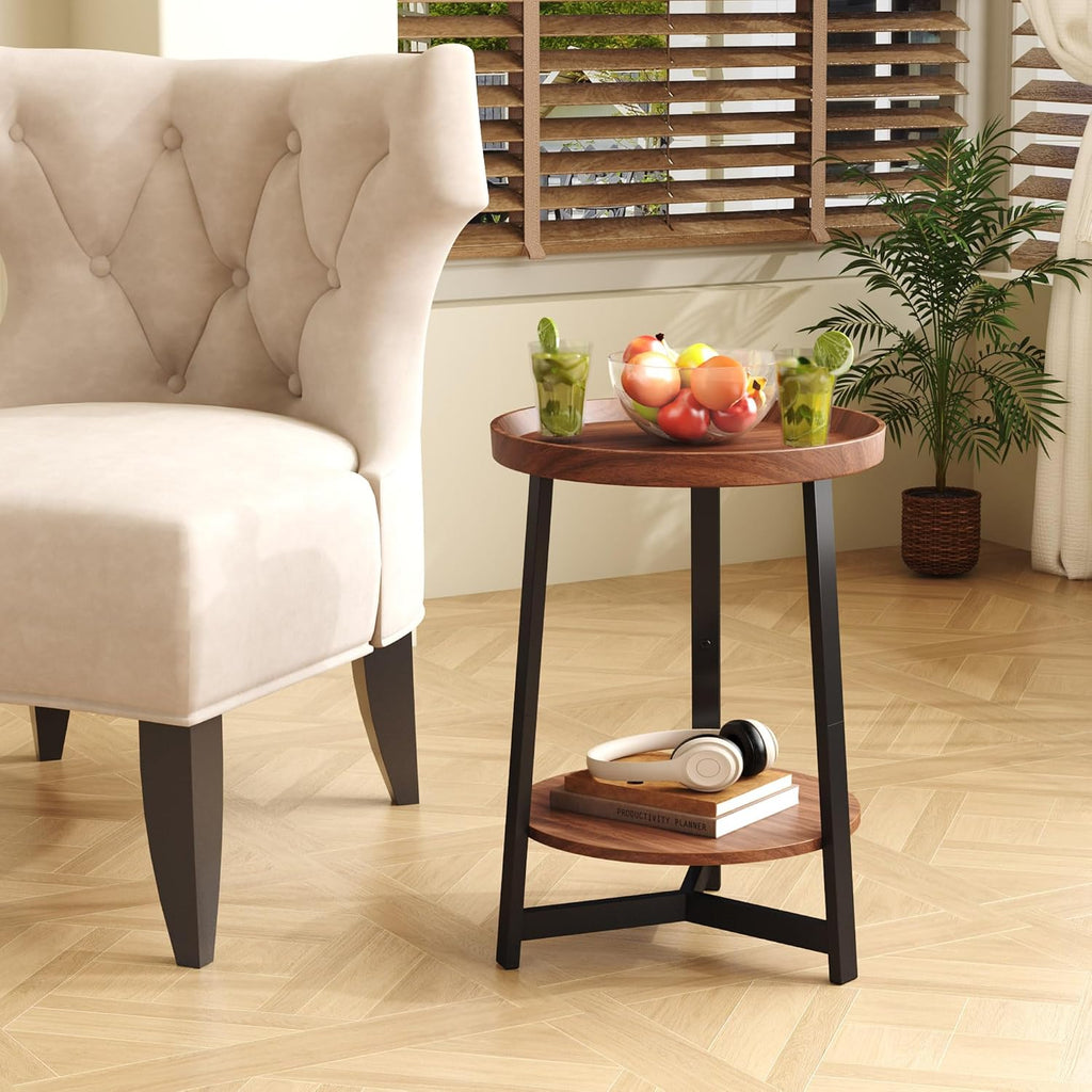 Industrial 2 Tier Round Side Table with Storage Shelf,Accent Tray End Table with Triangular Metal Support, Nightstand Bedside Sofa Table for Living Room, Bedroom, Balcony, Cherry