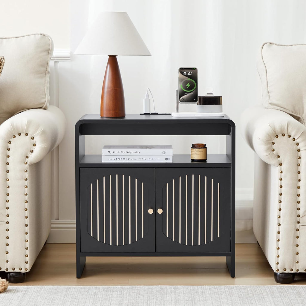23.6" Modern Black Nightstand Set of 2 with Chariging Station 2AC+USB+Type-C, Classic Striped Side Table with Door+Storage Shelf, Rectangle End Table for Living Room, Bedroom (2, Black)