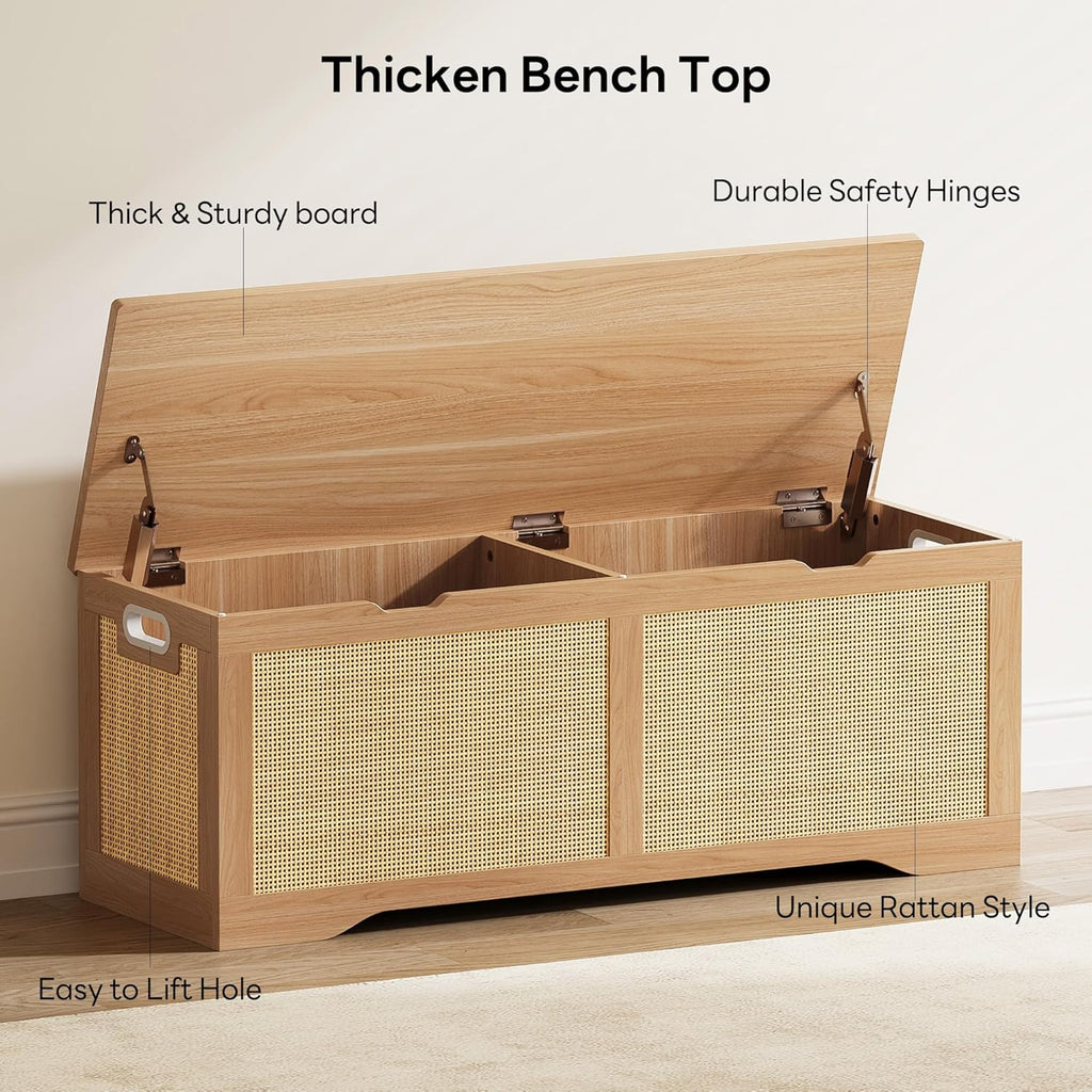 LIKIMIO 47.2" Rattan Storage Ottoman Bench Chest, End of Bed Bench, Storage Chest, Extra Large Entryway Trunk Toy Box for Bedroom, Living Room, Rustic Wood
