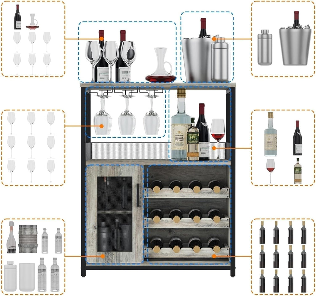Amyove Wine Bar Rack Cabinet with Detachable Wine Rack, Bar Rack with Glass Holder, Small Sideboard and Buffet Cabinet with Mesh Door, Grey