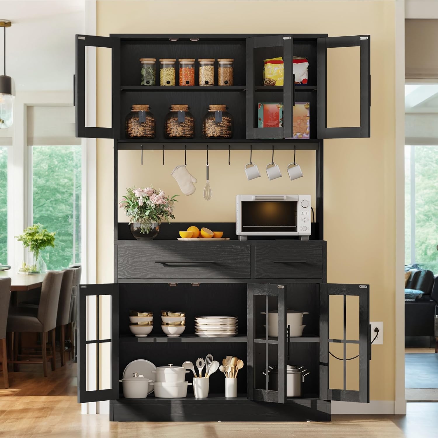 DWVO Kitchen Pantry Storage Cabinet with Microwave Stand, 71'' Tall Kitchen Hutch Cabinets with Power Outlet, Modern Food Pantry Hutch with Drawers ＆ Shelves for Home, Pack of 1, Black