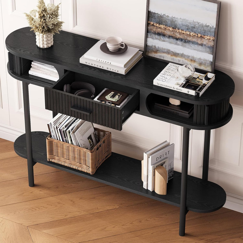 ONBRILL 47 Inch Fluted Console Table with Drawers, Entryway Table with Storage, Oval Sofa Tables Behind Couch, Mid-Century Modern Hallway Tables for Entryway, Hallway, Small Spaces, Black