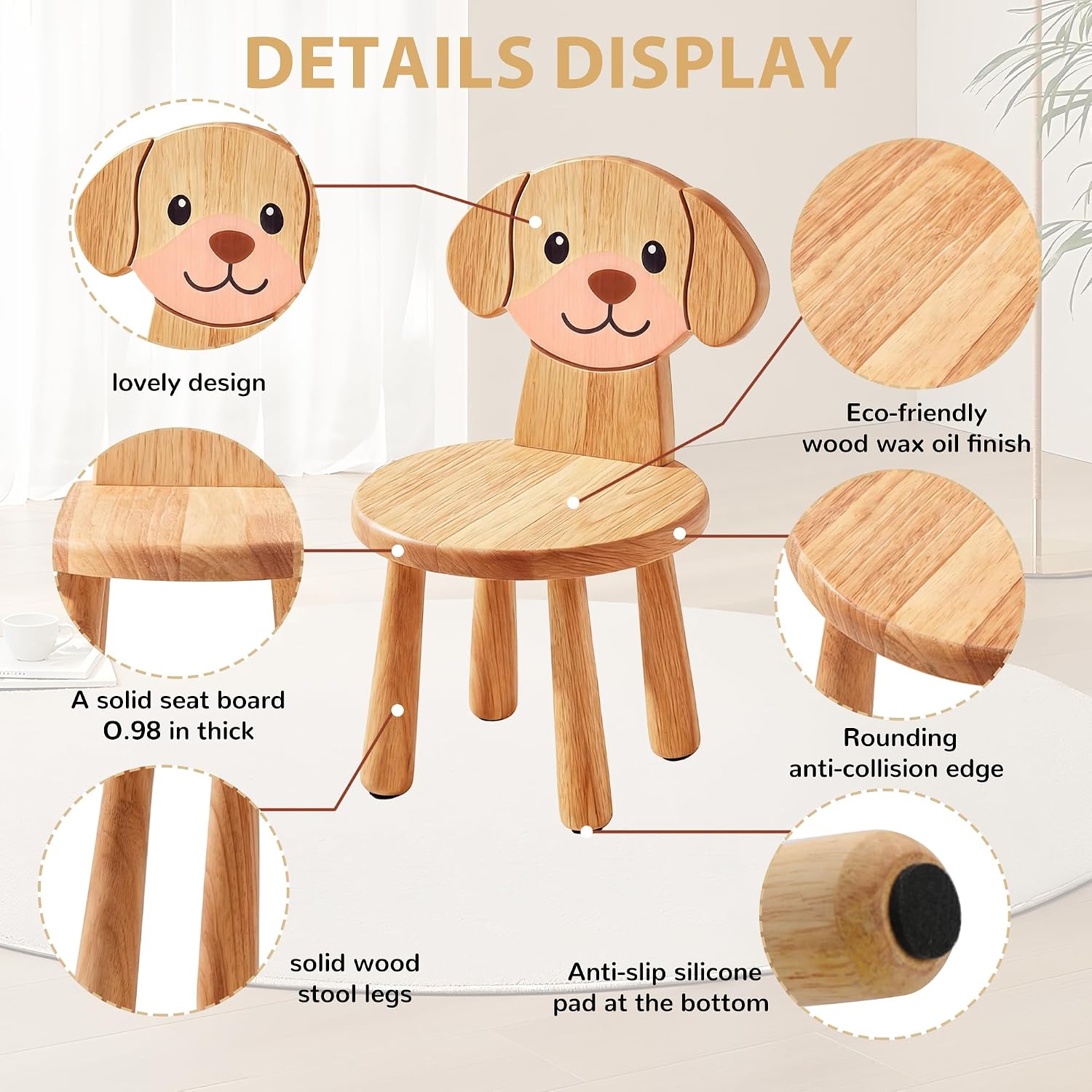 Wooden Step Stool for Toddlers, 2-in-1 Kids Stool & Chair with Cartoon Puppy Design, Solid Rubberwood, Non-Toxic Wood Wax Oil, CPC Certified 250 lbs Capacity, for Classroom Playroom Nursery (Natural)