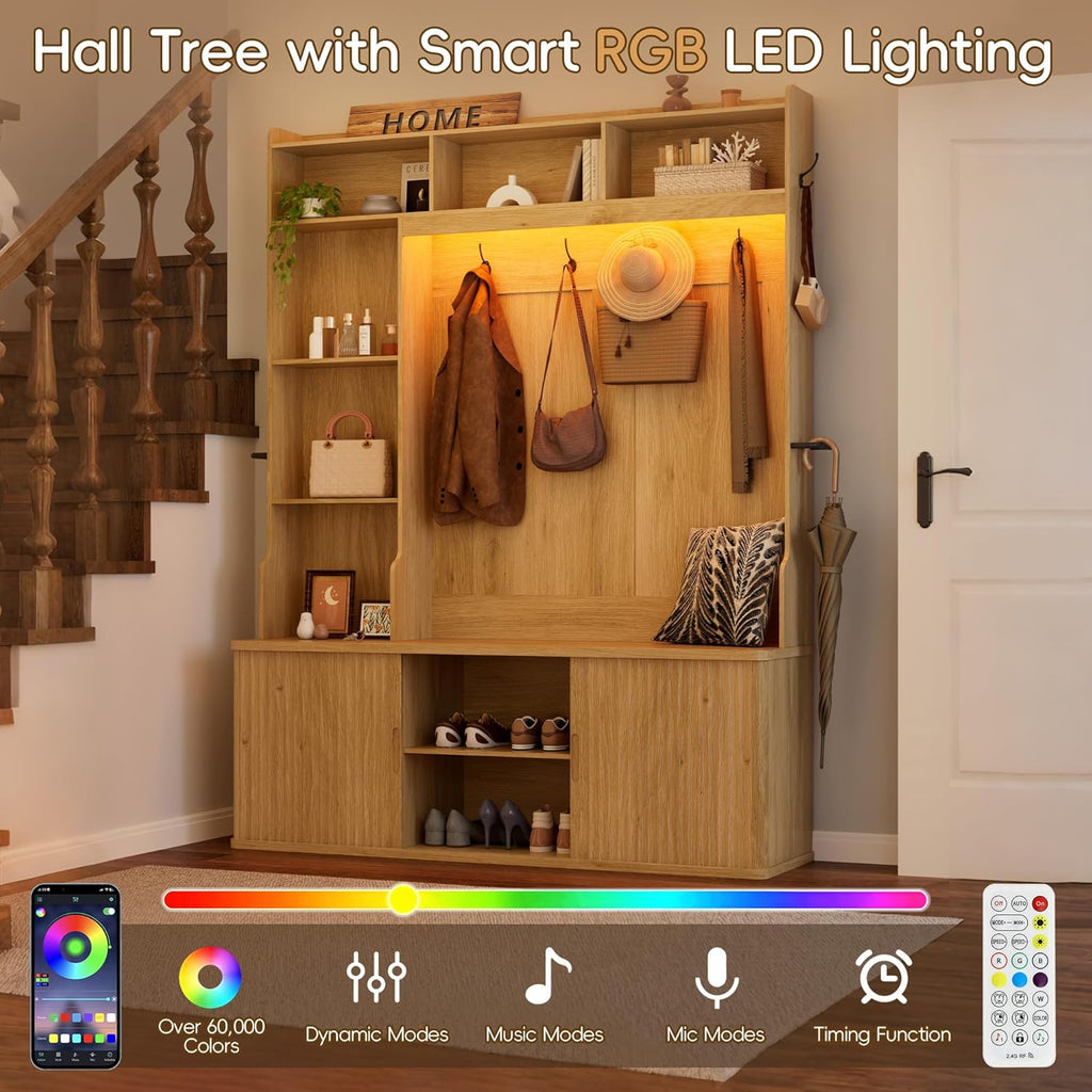 77"H 59"W Hall Tree with Bench and Shoe Storage, Entryway Bench with Coat Rack & 12 Hooks, Smart RGB LED Lighting, Side Umbrella Rails, Large Mudroom Furniture w/Sliding Doors & Rounded Corners, Oak
