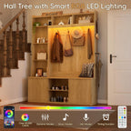 77"H 59"W Hall Tree with Bench and Shoe Storage, Entryway Bench with Coat Rack & 12 Hooks, Smart RGB LED Lighting, Side Umbrella Rails, Large Mudroom Furniture w/Sliding Doors & Rounded Corners, Oak