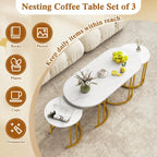 Giantex Nesting Coffee Table Set of 3, Stacking Side Tables with Faux Marble Tabletop & Gold Metal Frame, Oval Coffee Table & 2 Round End Tables, 3-Piece Modern Living Room Table Set for Apartment