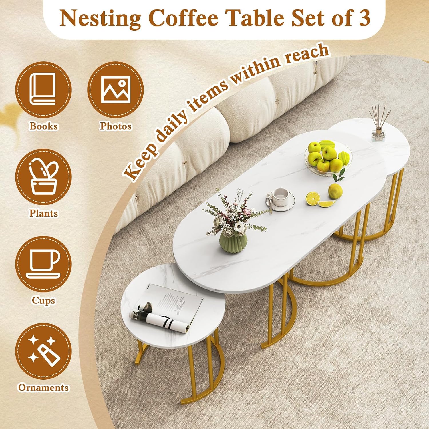 Giantex Nesting Coffee Table Set of 3, Stacking Side Tables with Faux Marble Tabletop & Gold Metal Frame, Oval Coffee Table & 2 Round End Tables, 3-Piece Modern Living Room Table Set for Apartment