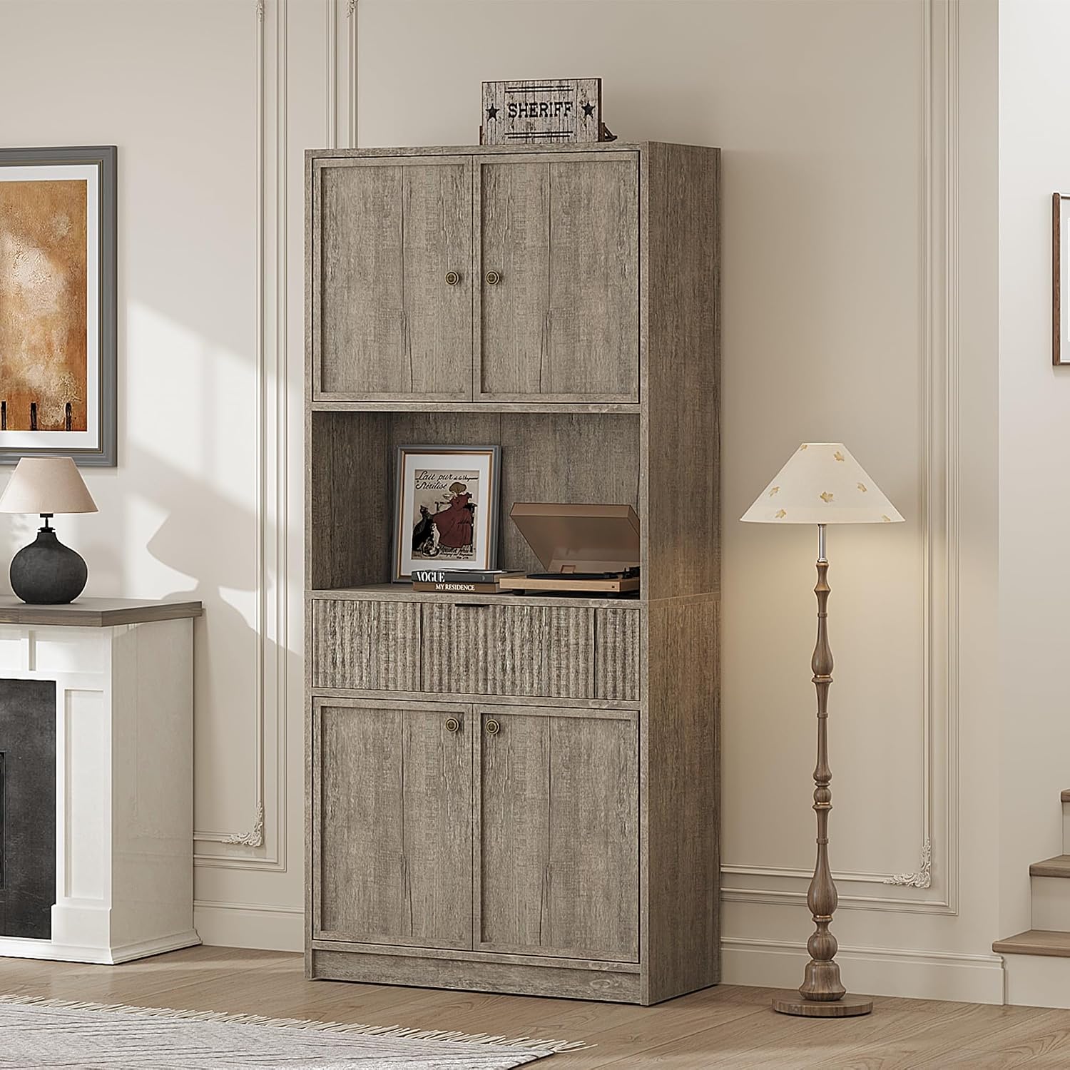 IDEALHOUSE Tall Storage Cabinet, 70" Kitchen Pantry Cabinet with Doors, Fluted Kitchen Hutch Cupboard with Microwave Shelf & Drawer, Freestanding Cupboard for Dining Room, Living Room, Gray