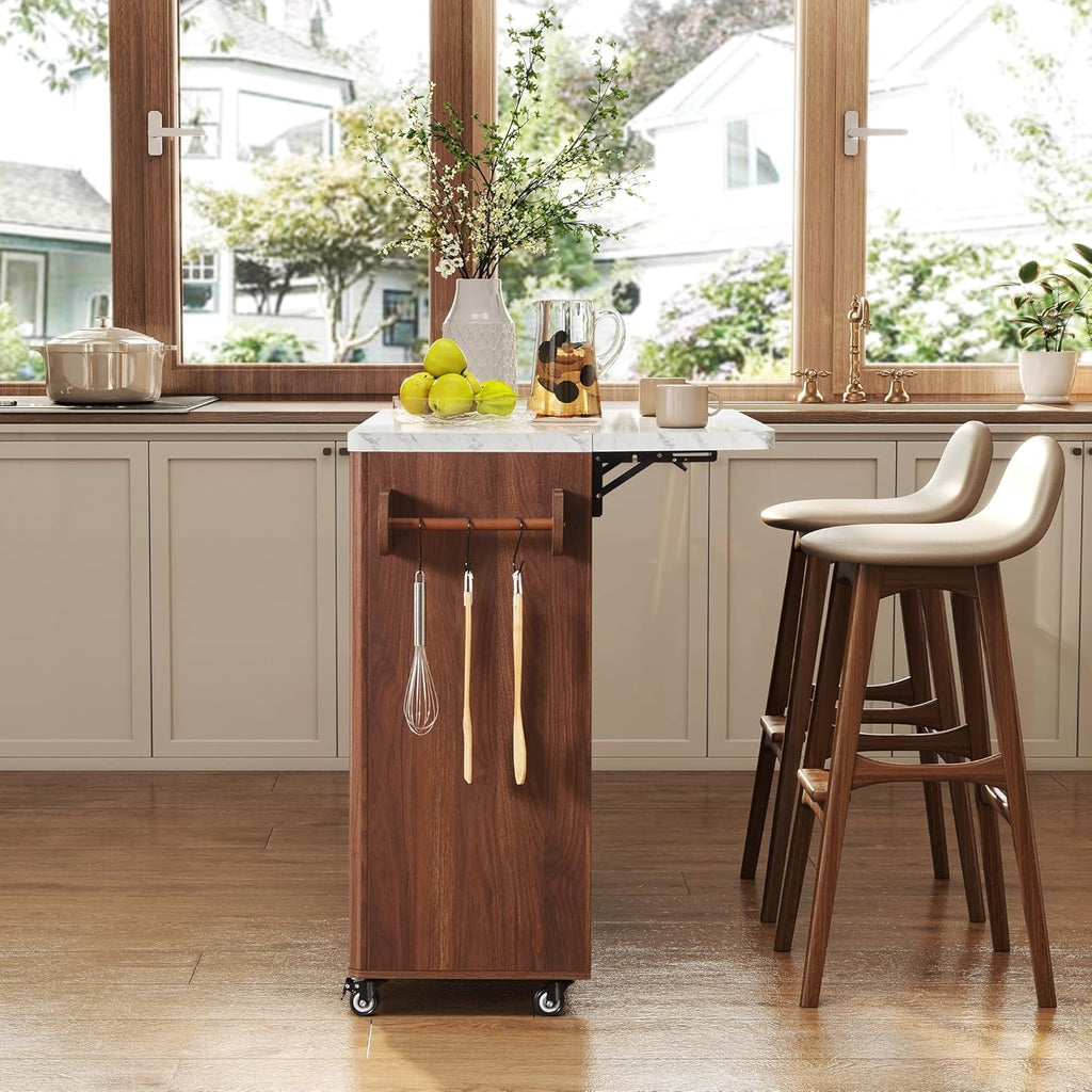 weselon 47" Mobile Kitchen Island with Storage & Drop Leaf, Rolling Kitchen Cart on Wheels with 2 Drawers, Adjustable Shelves, Towel Rack & Hooks, Faux Marble Top Island Table for Kitchen (Walnut)