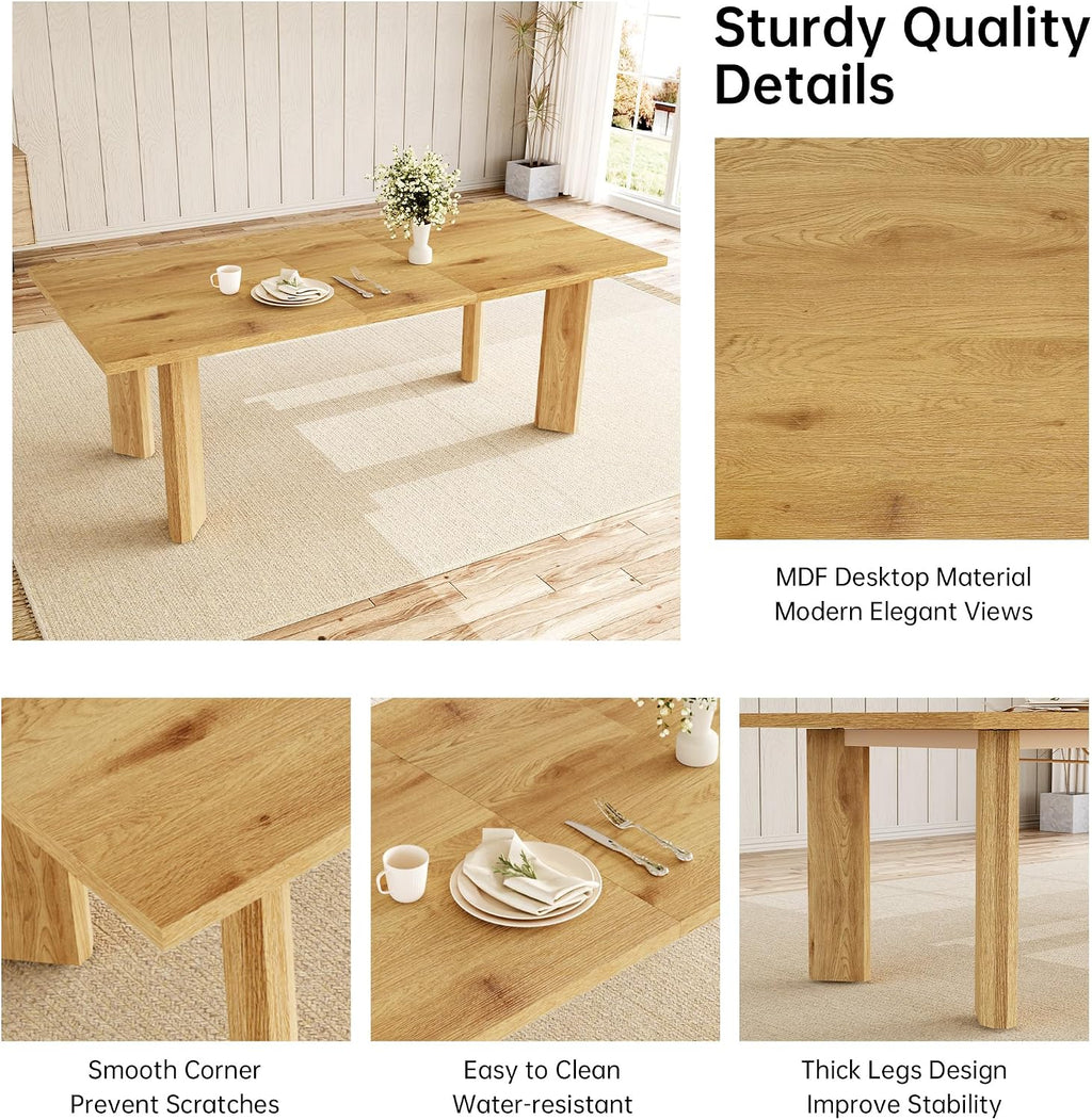 HIPIHOM Extendable Dining Table Set for 6, Seats 6-8 | MDF Farmhouse Extends 63-78.7in, Space-saving for Living Room & Nook, Oak Table + 6 Brown Upholstered Chairs
