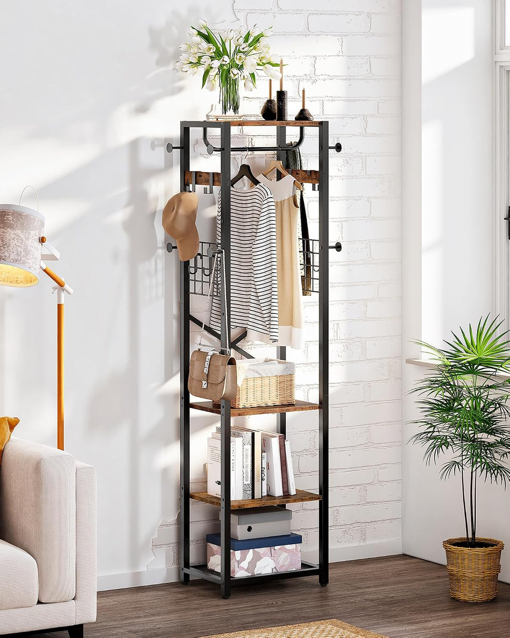 CHOEZON Coat Rack with Shelves, Freestanding Hall Tree, Coat Tree with 16 Hooks and Hanging Rail, Industrial Clothes Stand for Entryway, Hallway, Bedroom, Rustic Brown and Black TYM18BF